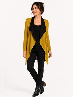 Reversible Pleated Accordion Cardigan Women’s Mustard Black Draped Stretch M/L